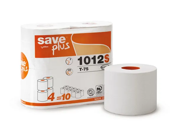 Toaletní papír Save Plus Compact, 75% celuloza, 2-vrstvý, 500 útržků, 55m, 11x9,8cm