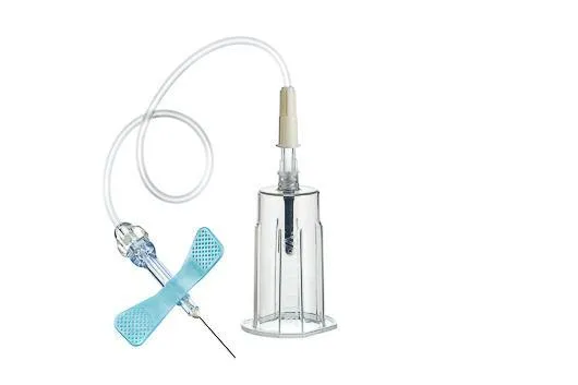 Intravenózní kanyla, s křídlem a držákem, bezpečnostní, modrá 23G, hadička 19cm