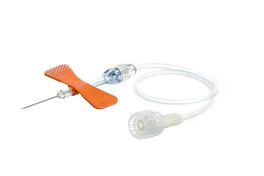 Intravenózní kanyla, s křídlem, hadičkou, Luer adaptérem, 25G, 19cm, oranžová, 50ks