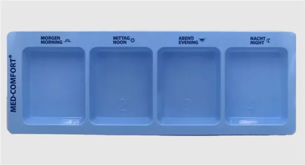 Jednorázový dávkovač a rozdělovač léků, modrý, XL, 4 přihrádky